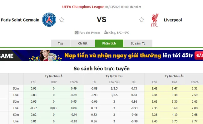 Soi kèo chuẩn xác PSG vs Liverpool, 03h00 – 06/03/2025 2 Tỷ lệ cược PSG vs Liverpool